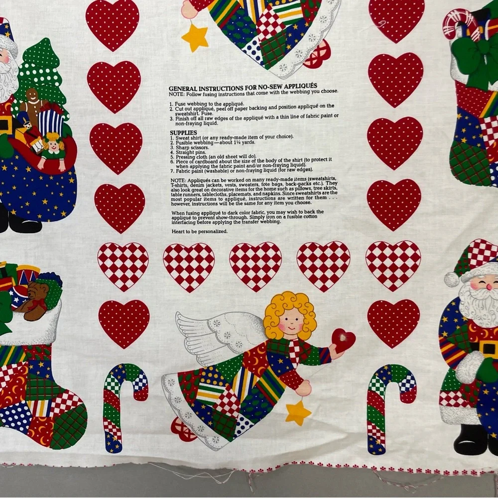 Vintage Christmas Applique Fabric Panel No Sew Patchwork Santa Angel Hearts #K15